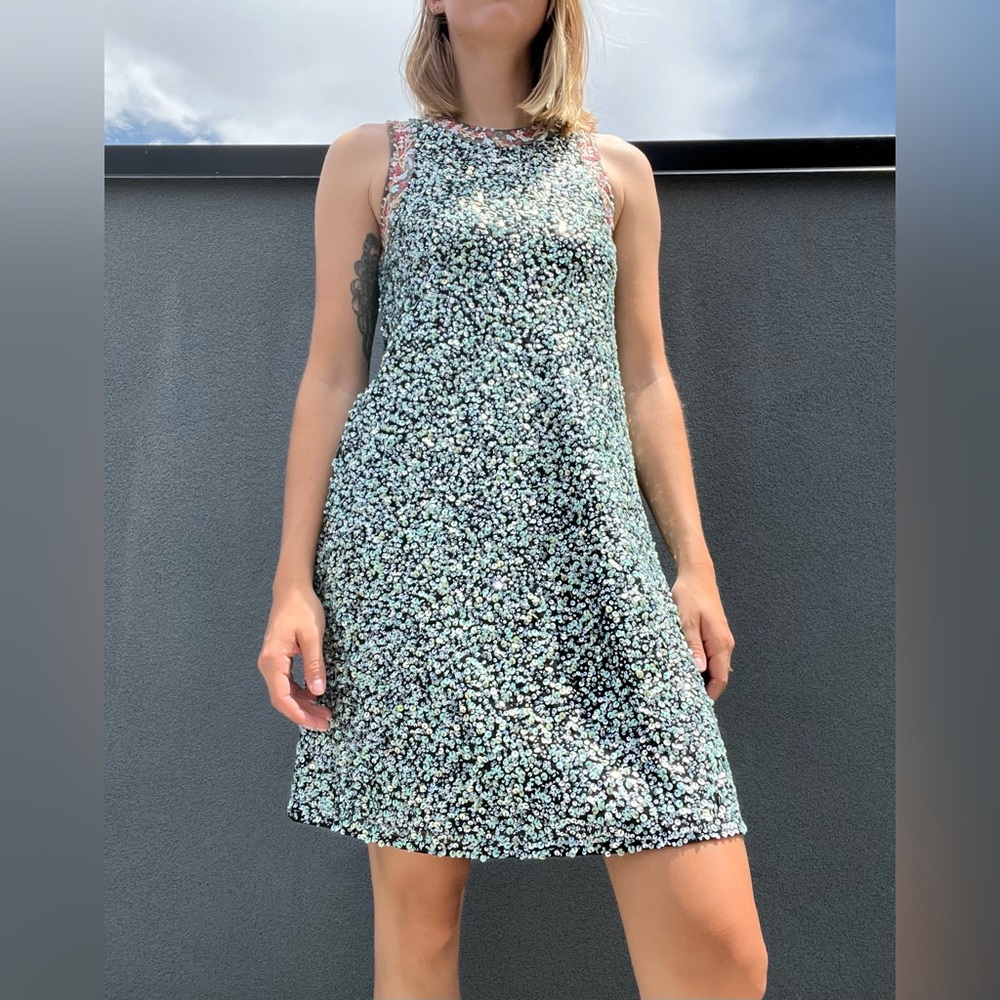 Anthropologie Blue Teal embroidered sequin shift dress size 2